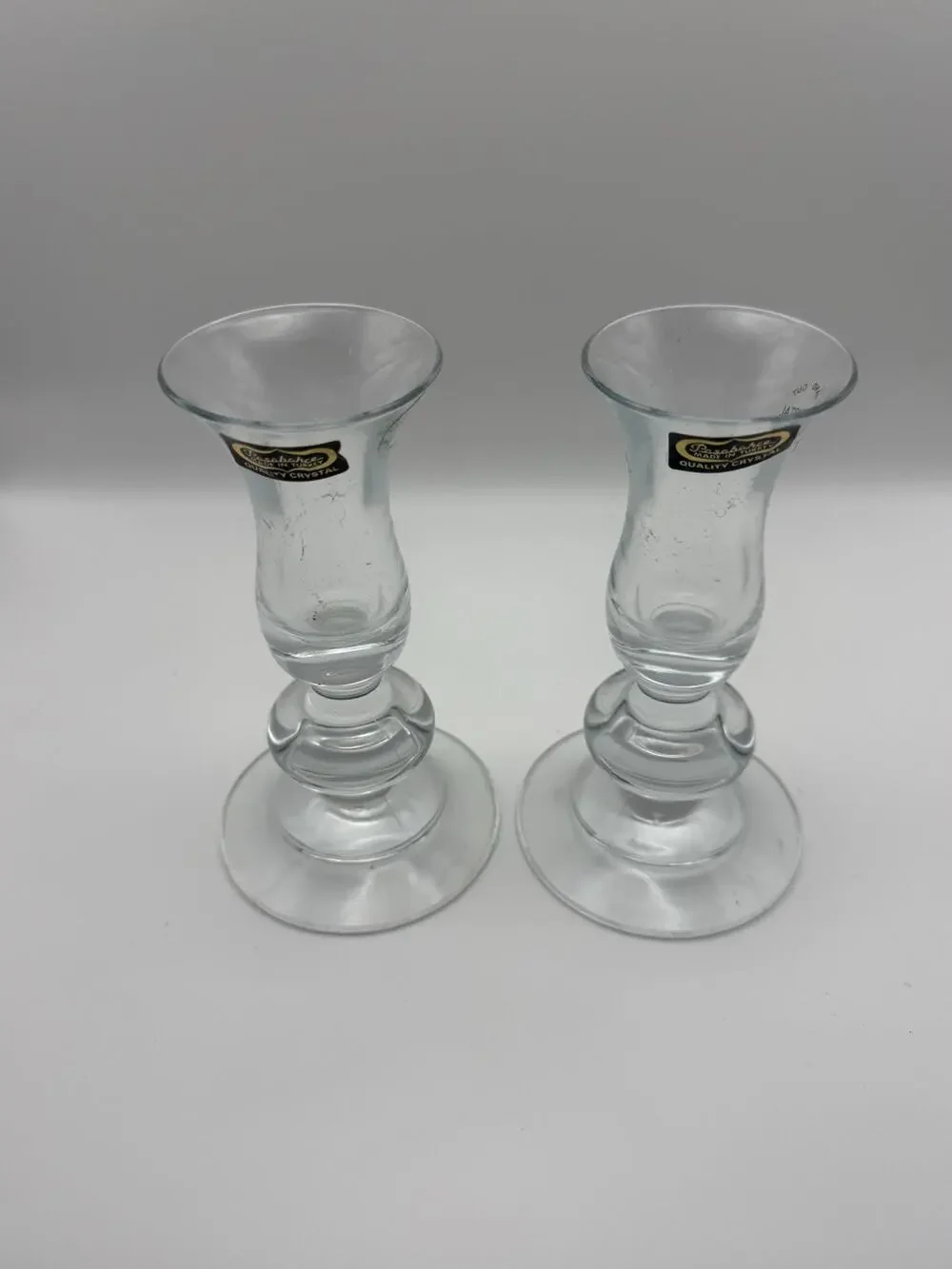Vintage Pasabahce Clear Crystal Taper Candlestick Holders Pair Turkey 2